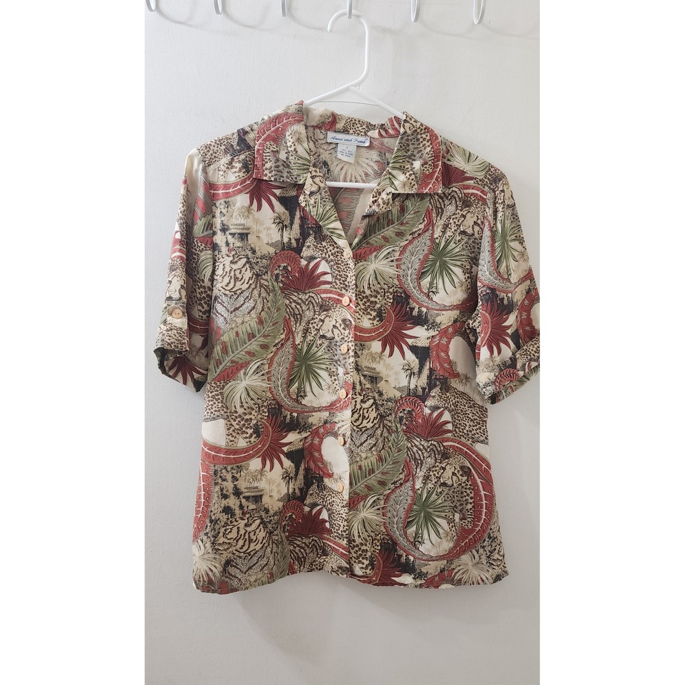 Anna and Frank Silk Jungle Safari Leopard Print Button Down Shirt Small Tan Red